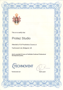 Сертификат об окончании полного курса протезирования в компании Technovent Ltd 
