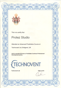 Сертификат об окончании расширенного курса протезирования в компании Technovent Ltd 