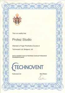 Сертификат об окончании курса протезирования пальцев в компании Technovent Ltd